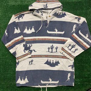 Vintage 90s Western Native American Anorak Hoodie Sweatshirt White M Cowboy
